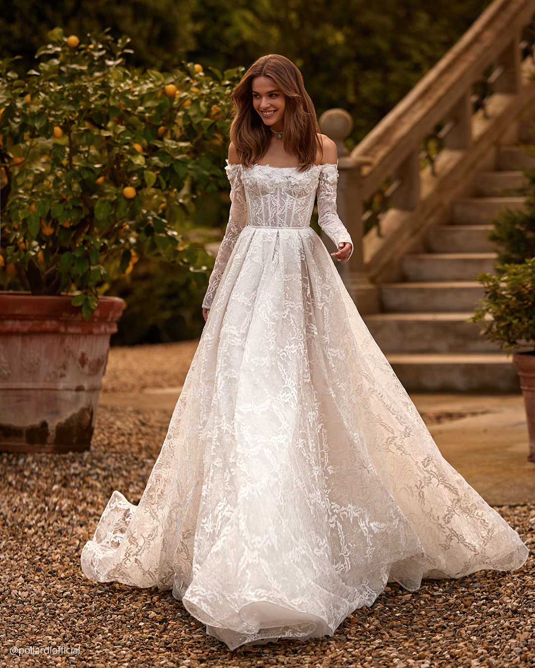 a line wedding dresses with long sleeves off the shoulder lace pollardi