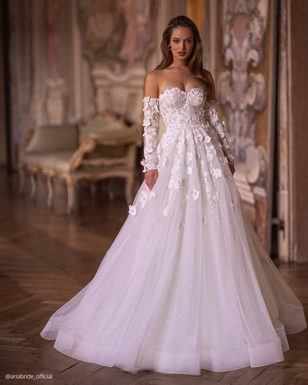 a line wedding dresses with long sleeves sweetheart strapless neckline aria