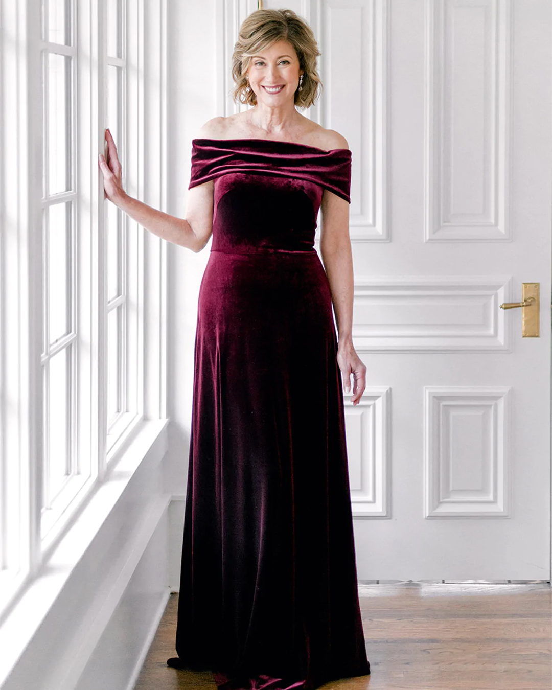 mother of the bride dresses burgundy velvet off the shoulder revelry