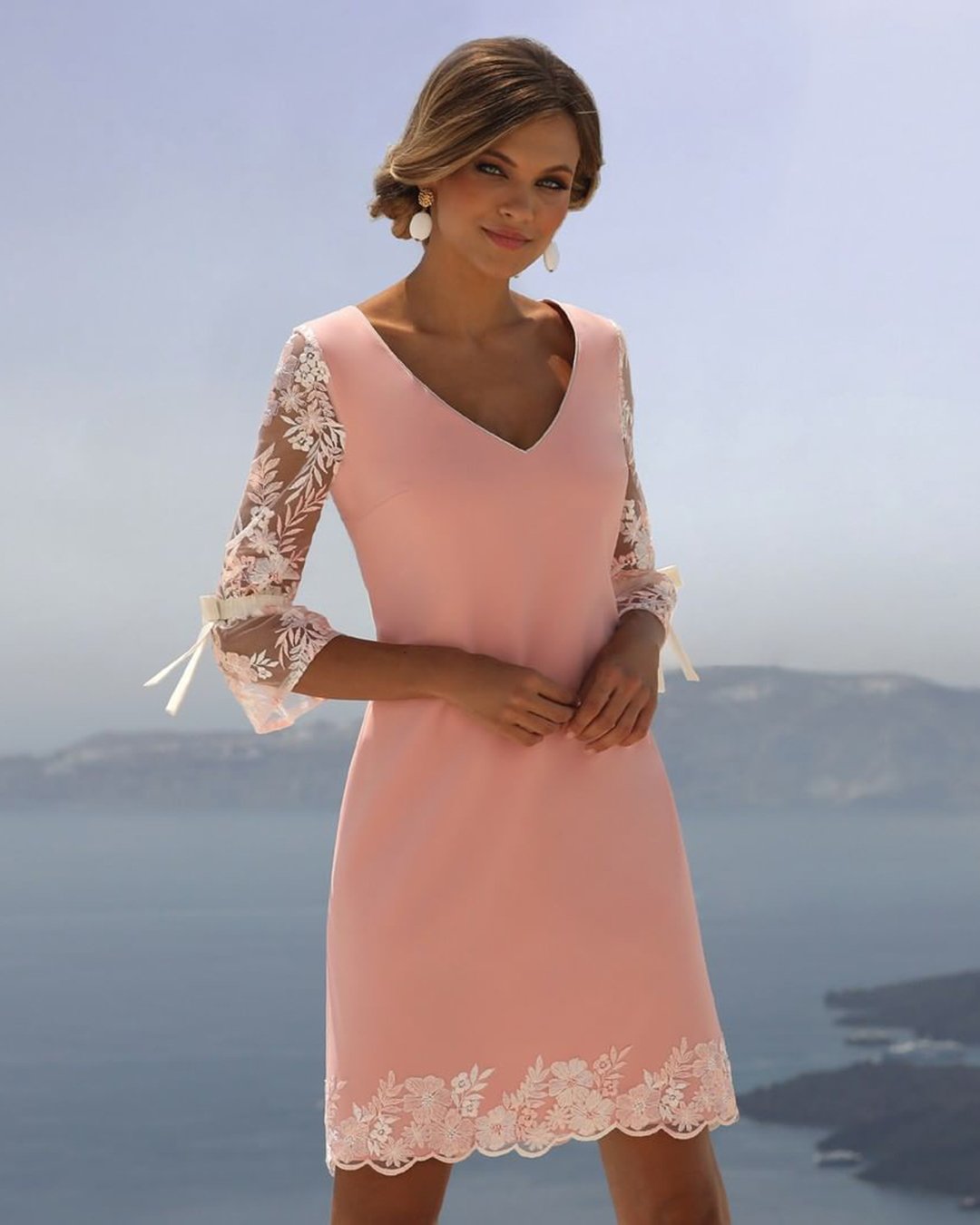 mother of the bride dresses short v neckline with three quote sleeves linearaffaelli