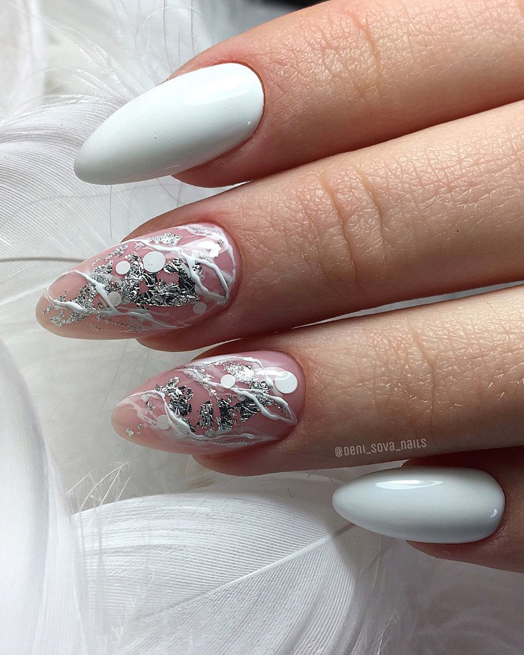 wedding nails design white design with silver foil denisova_nailartist