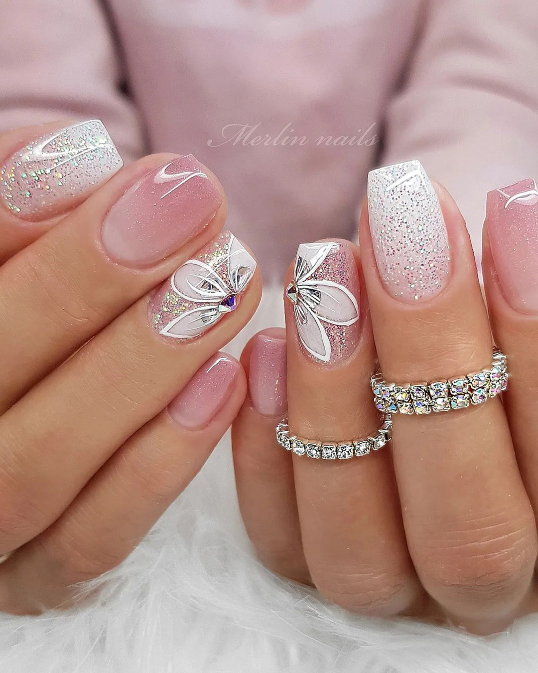pink and white nails ombre sparkling merlin_nails