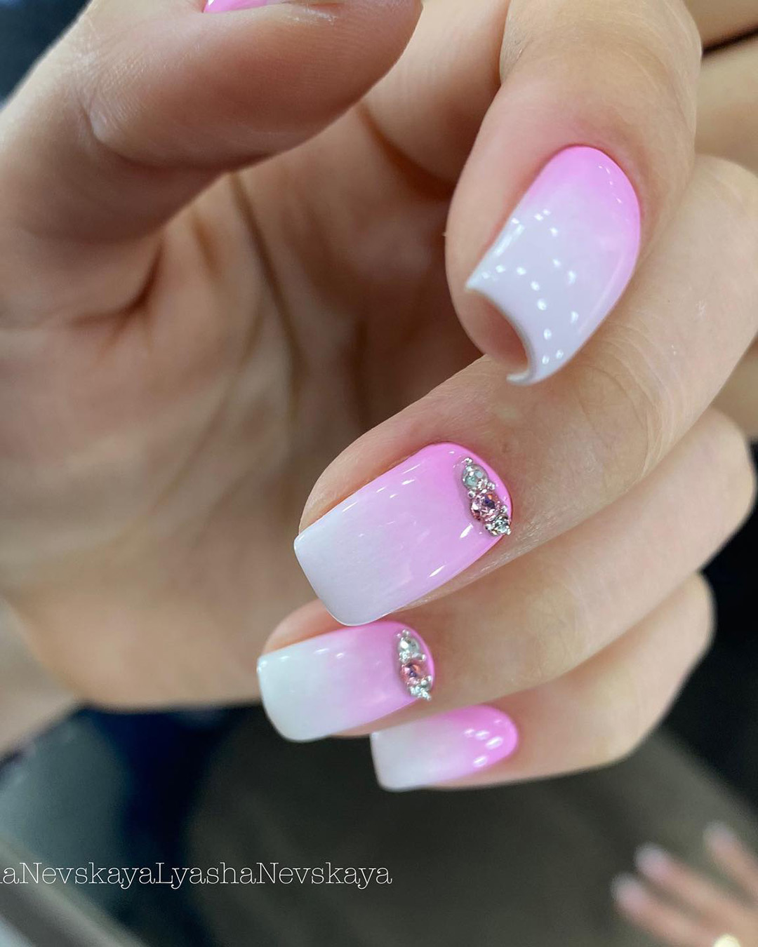 pink and white nails ombre with rhinestones lyasha_nevskaya