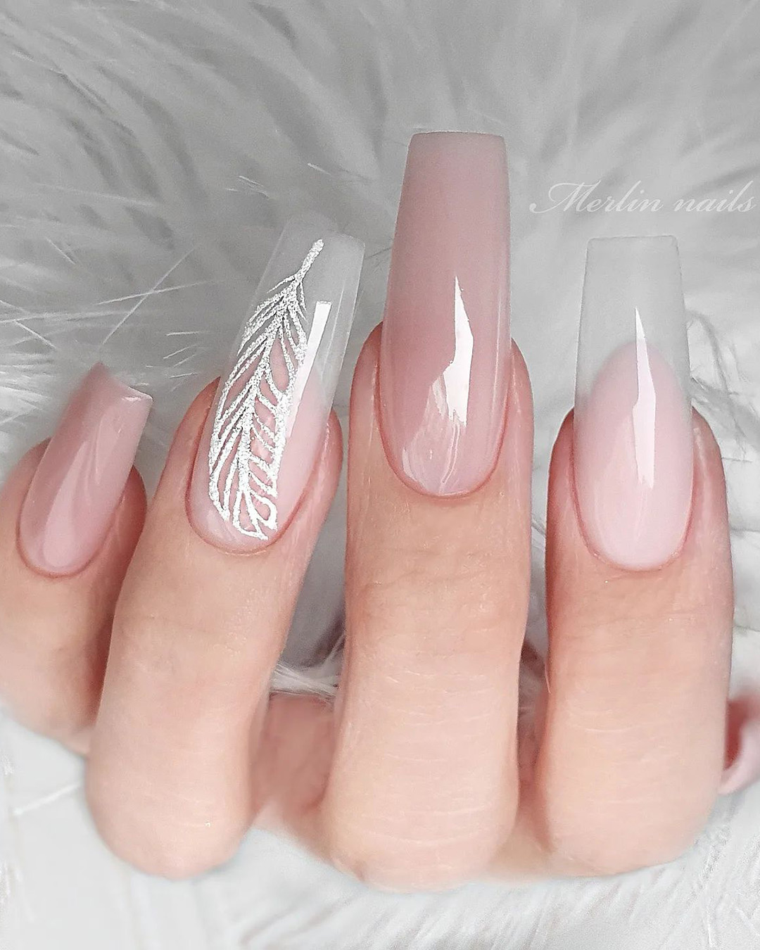 pink and white nails wedding long light acrylic merlin_nails