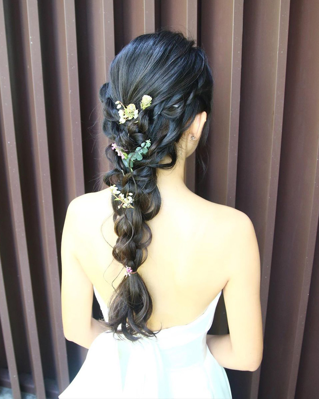 rustic wedding hairstyles long braid with flowers christinechiamakeup