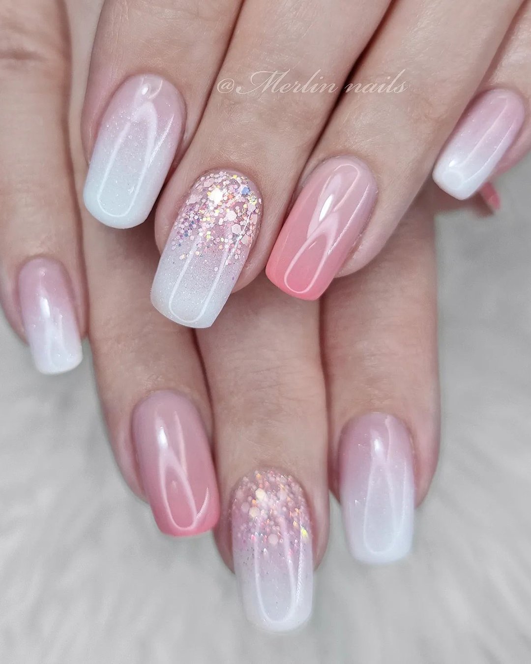 pink and white nails ombre glitter design merlin_nails