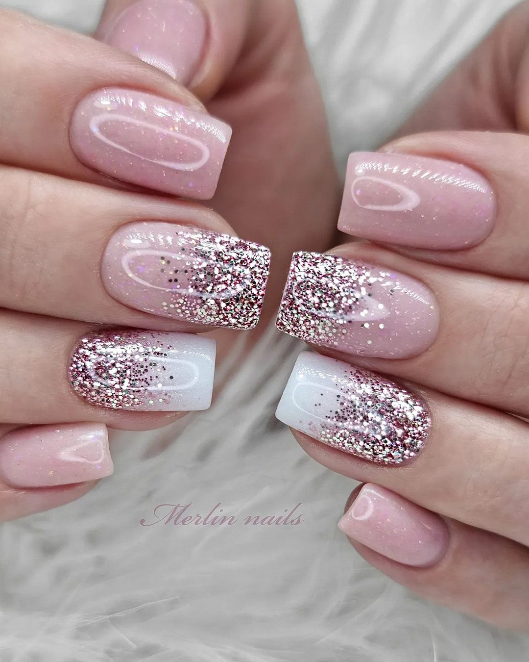 pink and white nails ombre with glitter merlin_nails