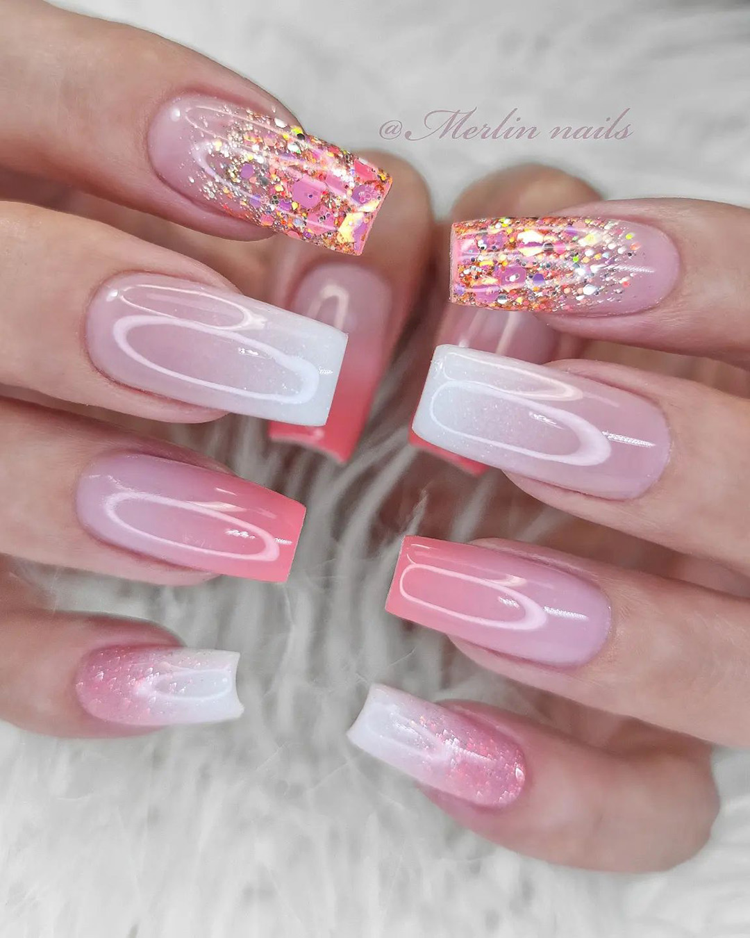 pink and white nails wedding light ombre with glitter merlin_nails