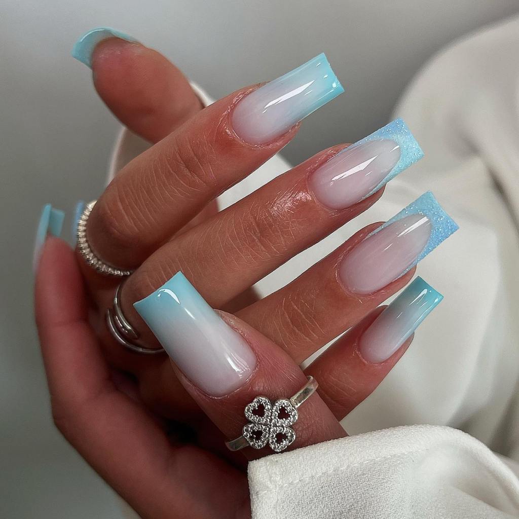 Chunky Glitter Light Blue French Nails