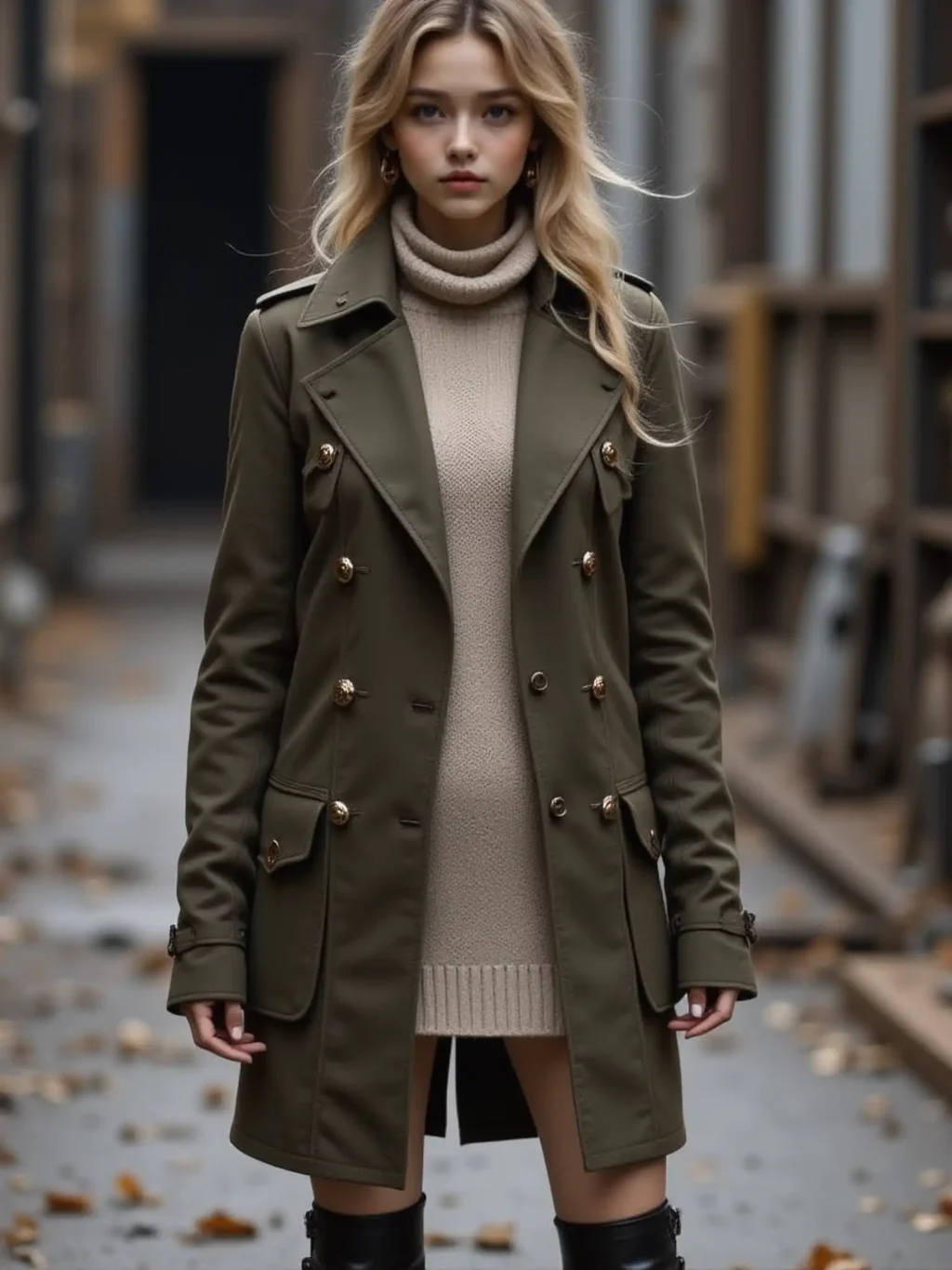 Military Coat + Sweater Dress + Combat Boots