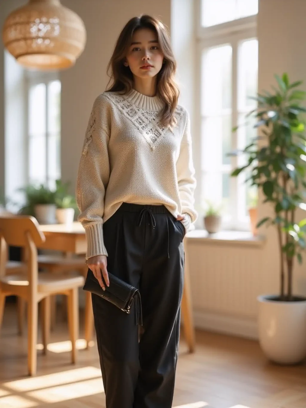 Oversized Sweater + Black Silk Pants