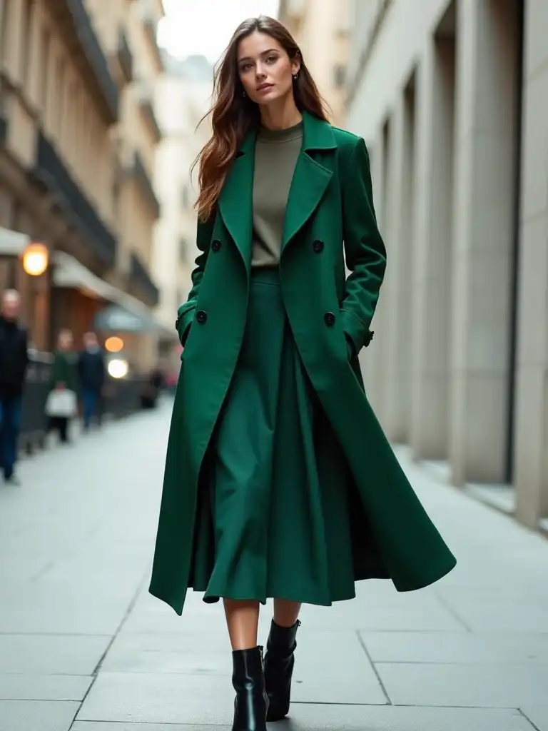 Double-Breasted Coat + Midi Skirt + Heeled Ankle Boots