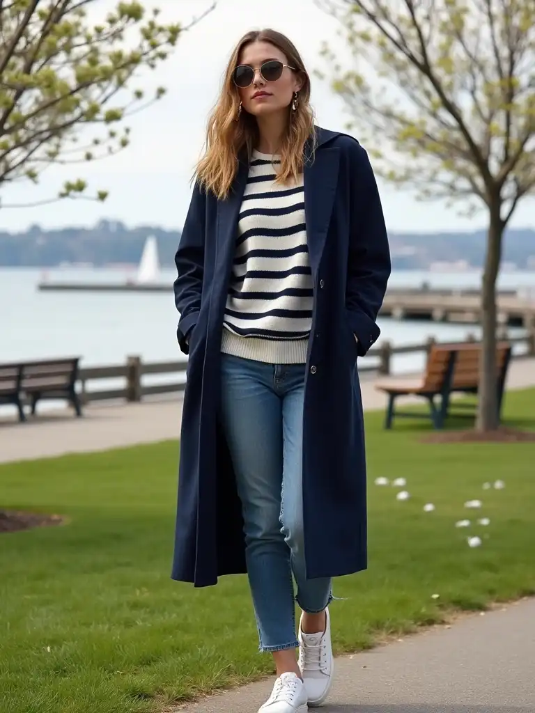 Navy Coat + Striped Sweater + White Sneakers