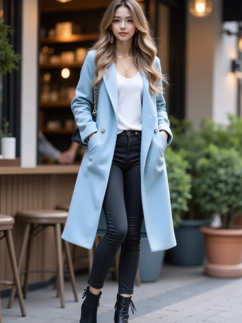 Pastel Coat + Black Skinny Jeans + Ankle Boots