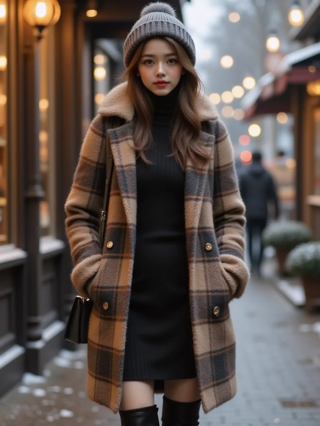 Plaid Coat + Turtleneck Dress + Knee-High Boots