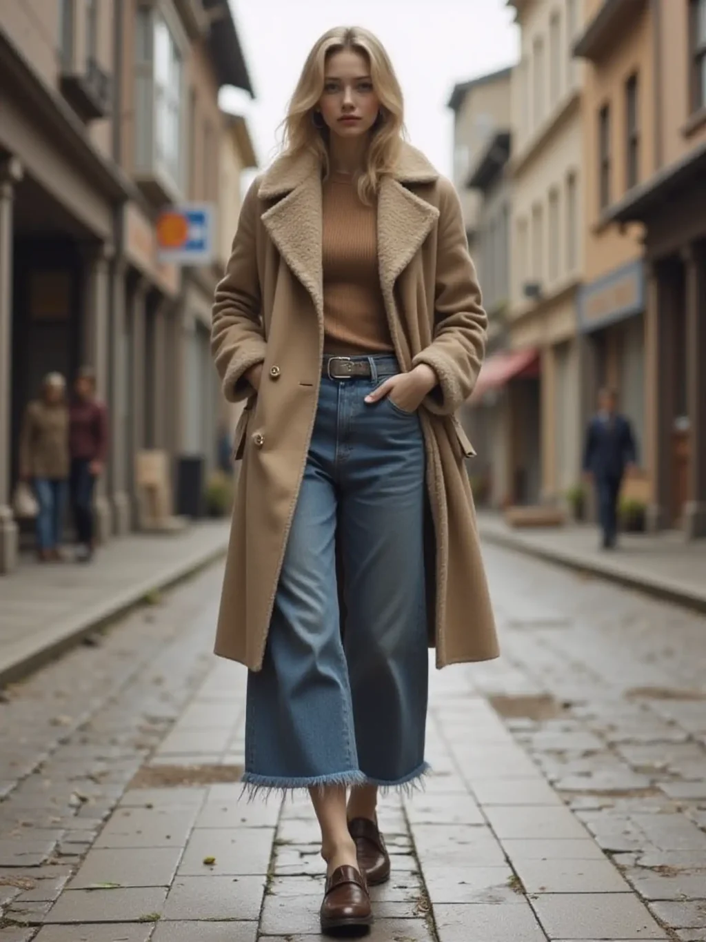 Faux Fur Collar Coat + High-Waisted Jeans + Loafers