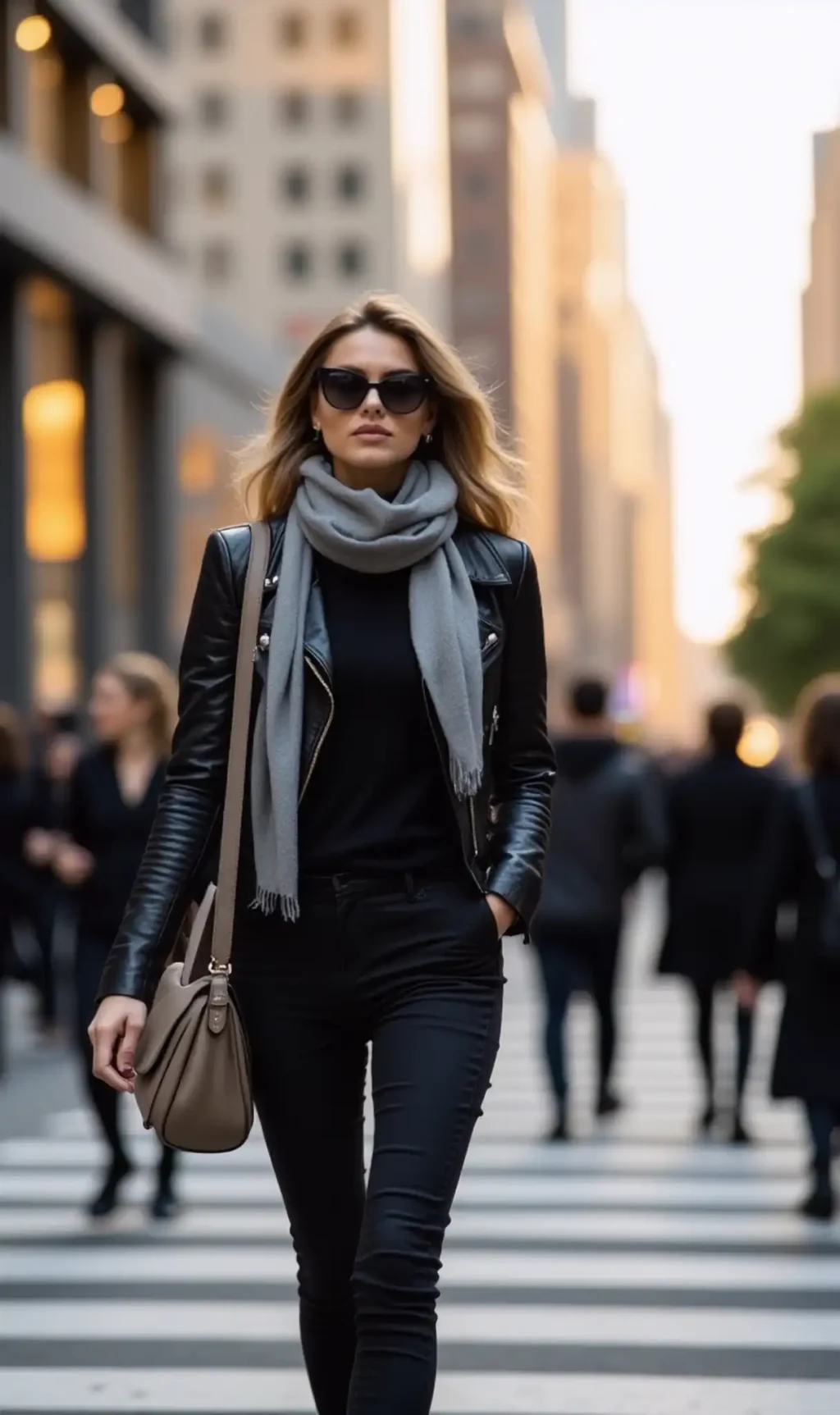 Woman in black attire with a scarf walking on a city street.