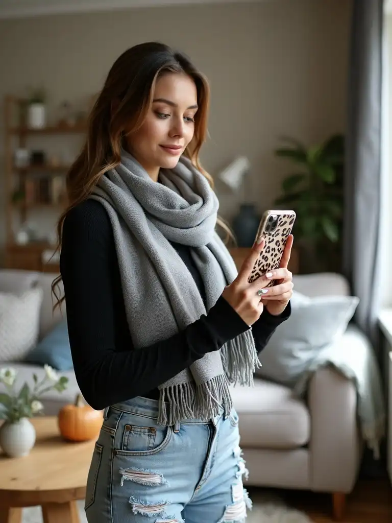 Woman in a scarf holding a smartphone with a leopard print case.