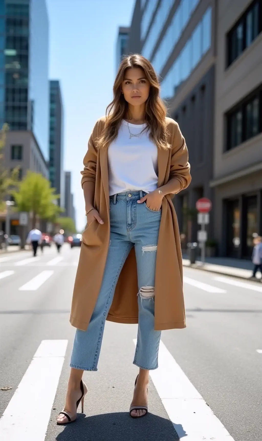 Woman wearing a long camel coat, white t-shirt, and ripped jeans standing confidently on an urban street.