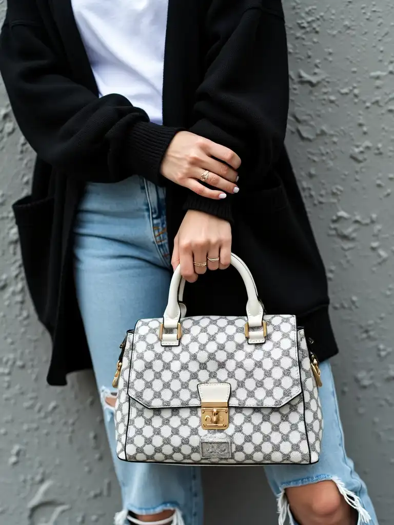 Woman wearing a black cardigan and ripped jeans holding a designer handbag, showcasing a stylish fall outfit.