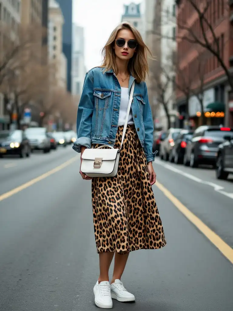 Woman wearing a denim jacket and leopard print skirt with white sneakers, styled as a fall outfit, standing on an urban street.