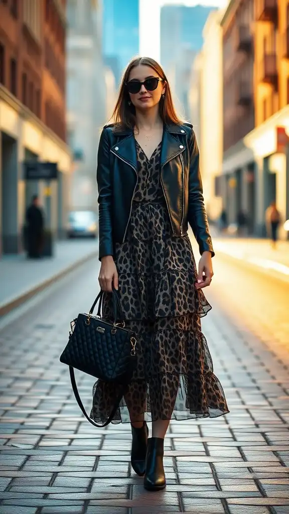 Stylish woman in black leather jacket, leopard print dress, and ankle boots walking confidently down a city street at golden hour.