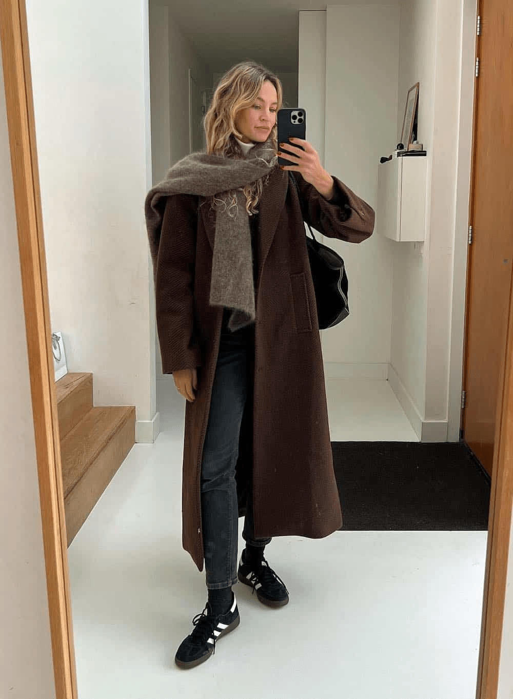 Dark Brown Coat with Sneakers