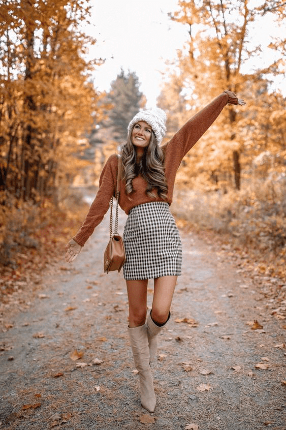 Warm Rust Sweater & Plaid Skirt Combo