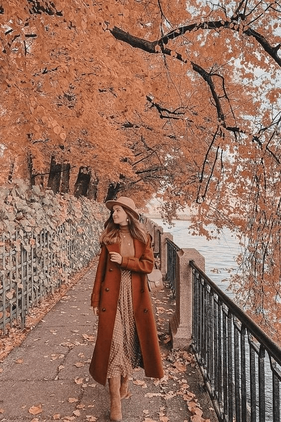 Autumn Stroll in Rust Coat & Polka Dot Dress