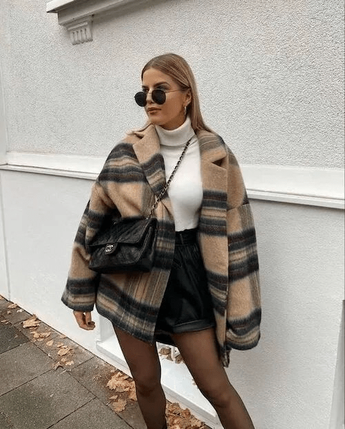 Sophisticated Plaid Coat & Turtleneck Outfit