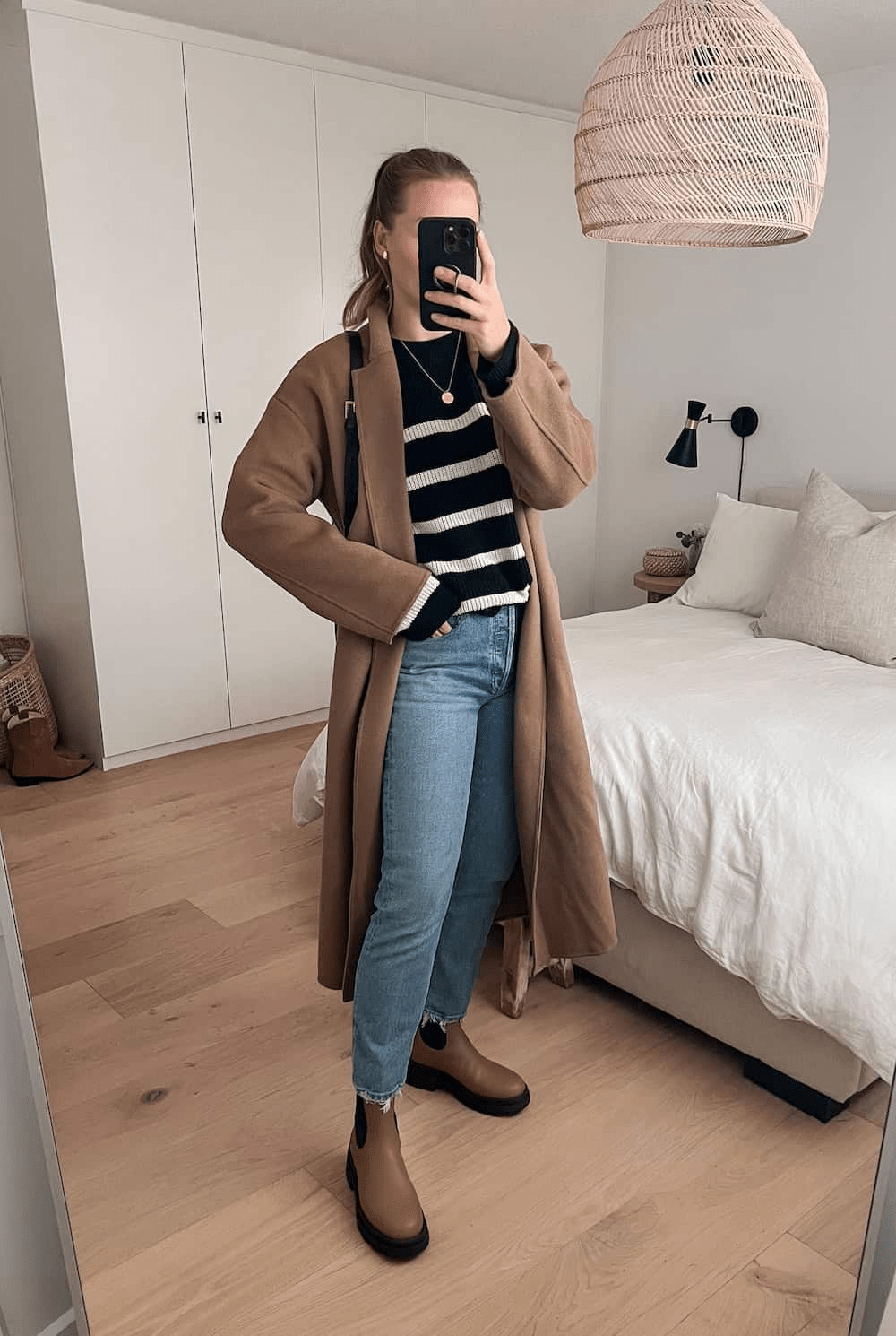 Striped Sweater and Camel Coat