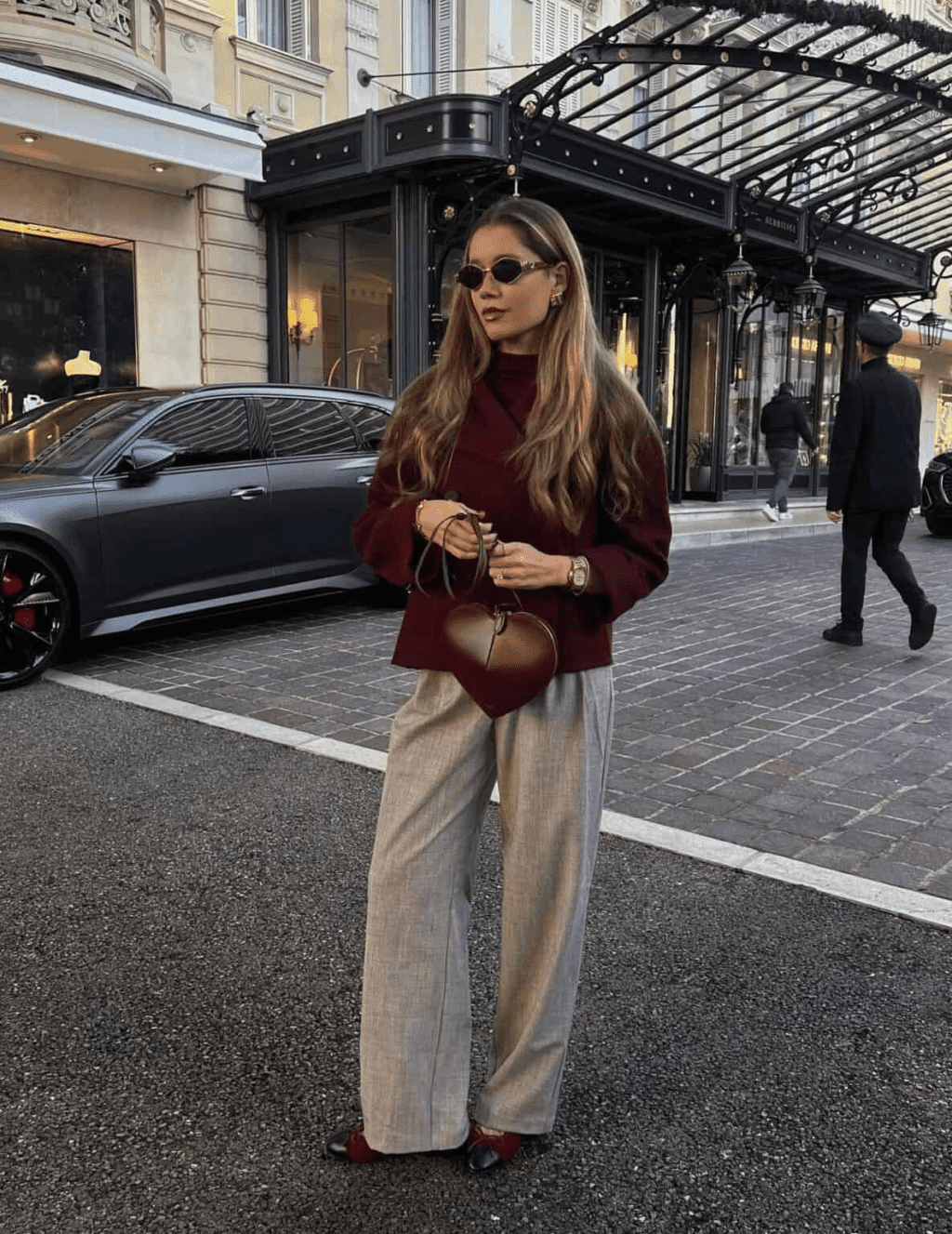 Burgundy Top + Gray Trousers