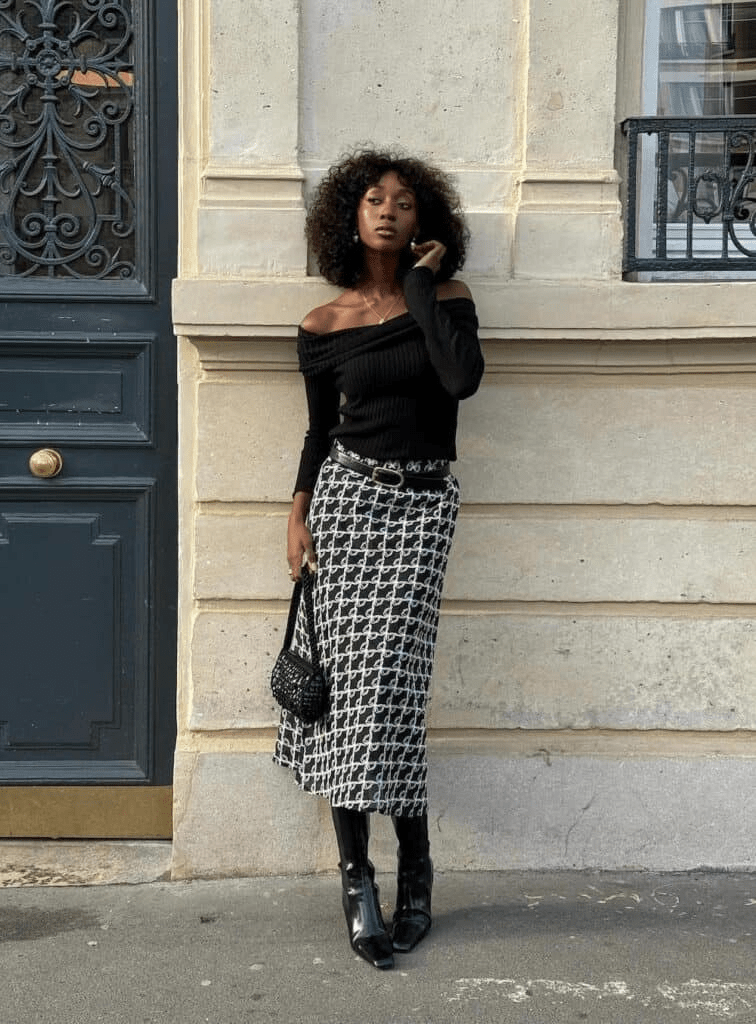 Off-the-Shoulder Top + Tweed Skirt