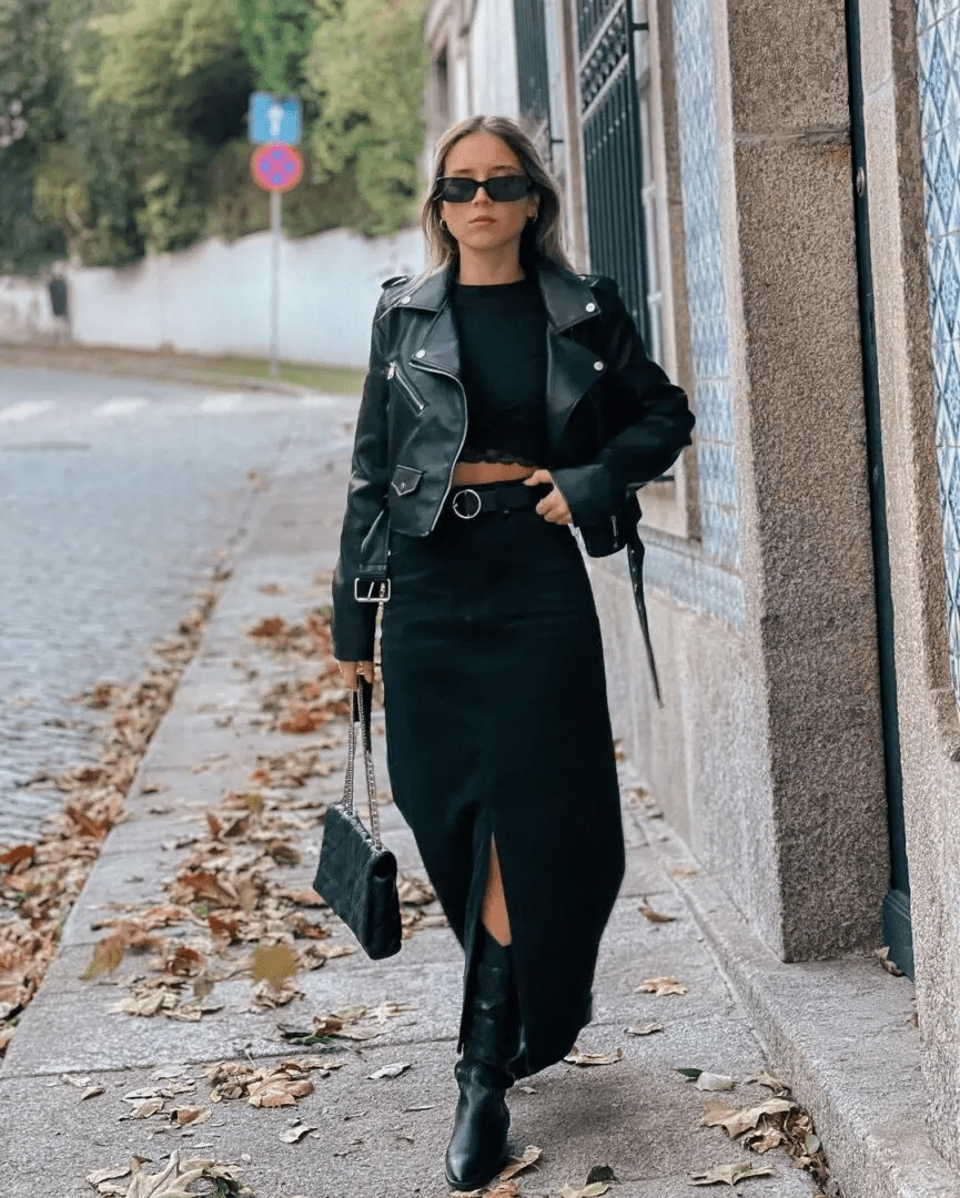 Girly Leather Jacket Paired with a Flowing Skirt