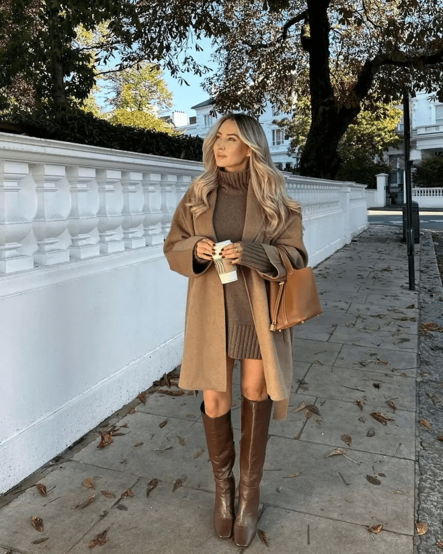 Stylish Brown Coat with Long Boots