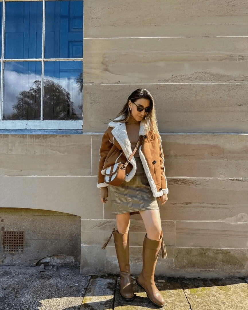 Chic Shearling Coat over a Skirt