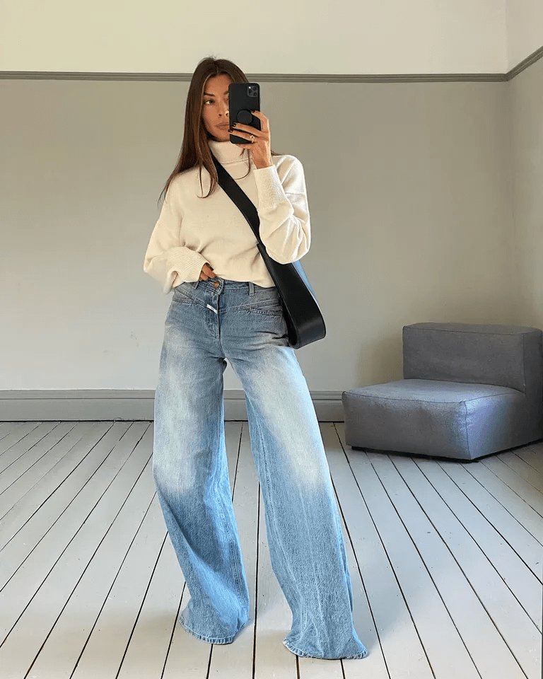 Turtleneck & Wide-Leg Jeans