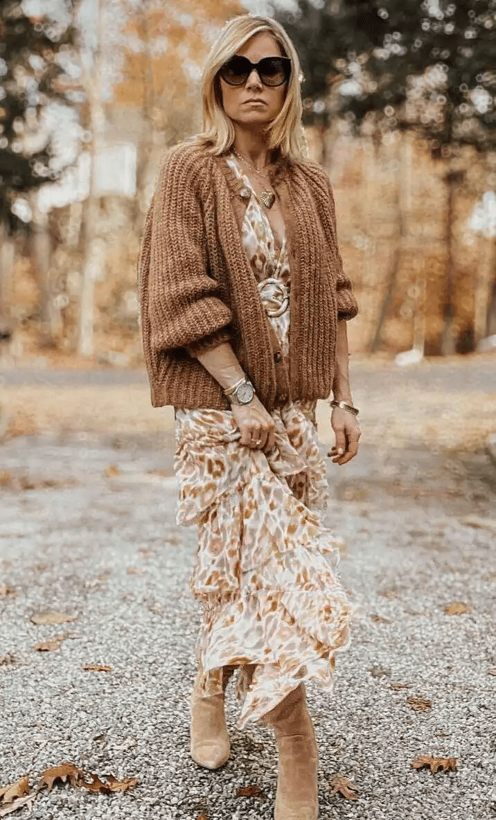 Chunky Cardigan & Print Dress