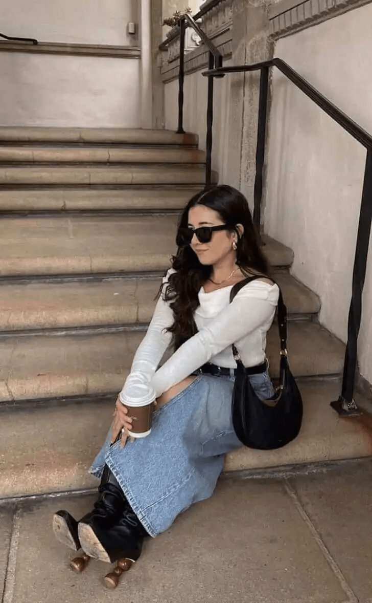 Denim Skirt & White Top