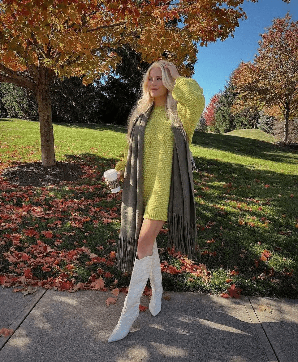 Green Sweater Dress & White Boots