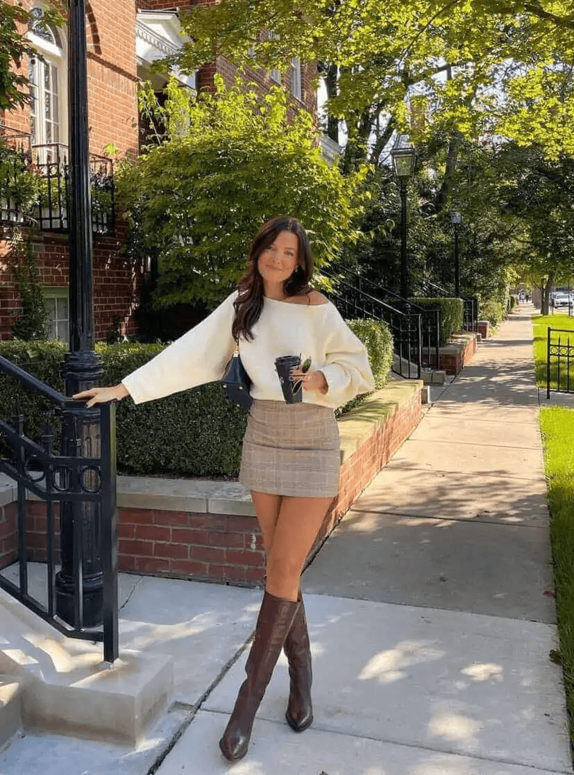 Neutral Off-Shoulder Sweater & Skirt