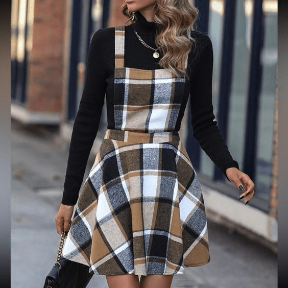 Plaid Print Overall Dress Paired with Black Turtleneck