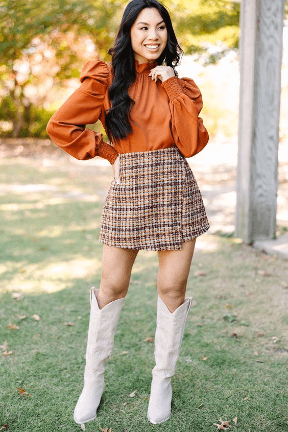 Rust Orange Puff Sleeve Blouse Paired with Tweed Skirt