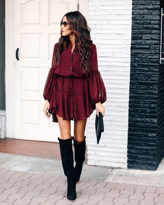 Trendy Plaid Dress with Balloon Sleeves