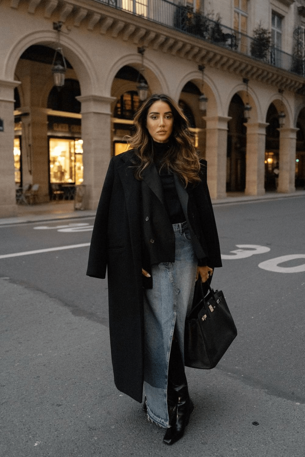 Coat and Denim Skirt