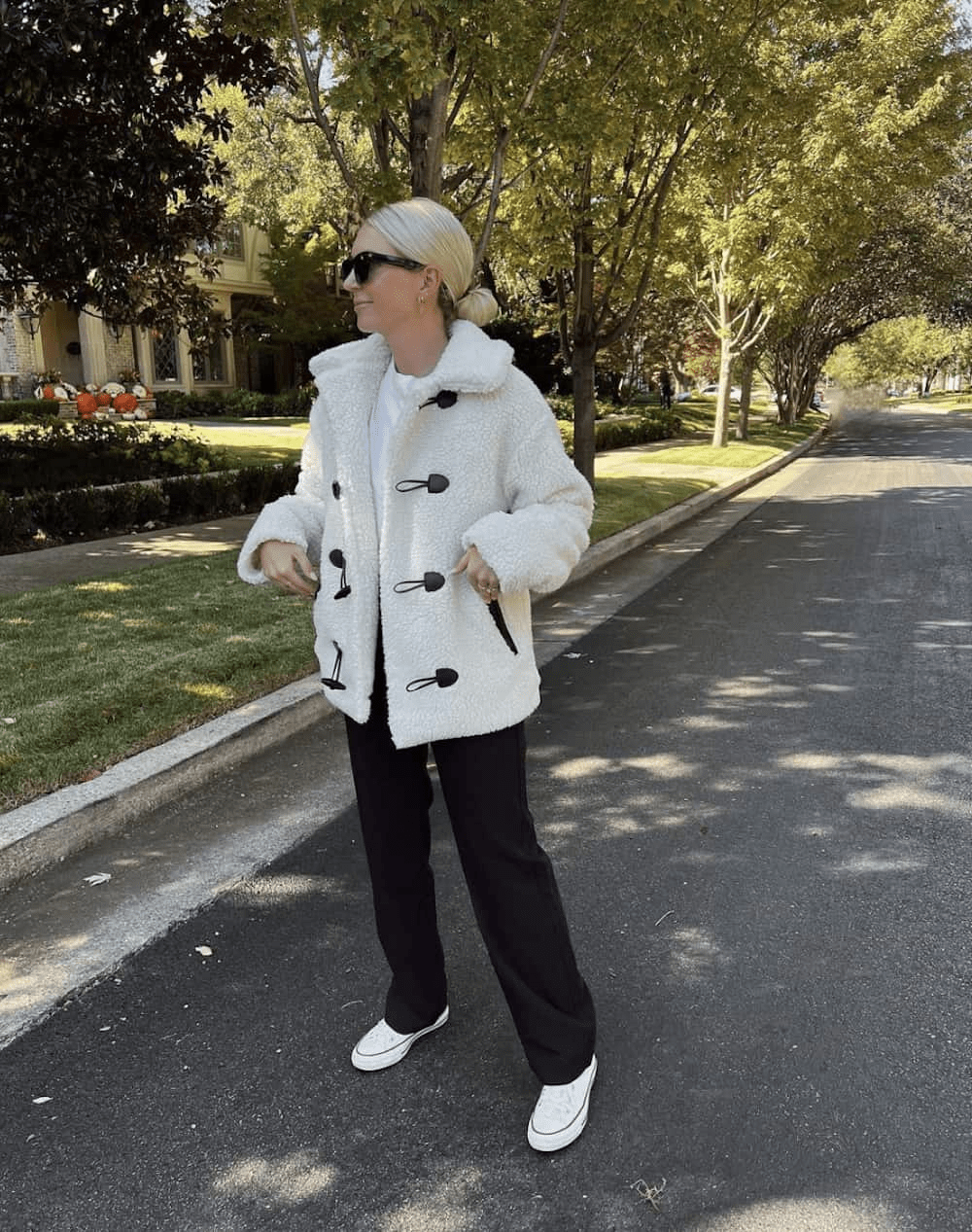 Sherpa Coat, Knit Pants + Sneakers