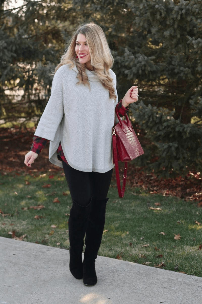 Buffalo Plaid Peeking Out of a Grey Poncho