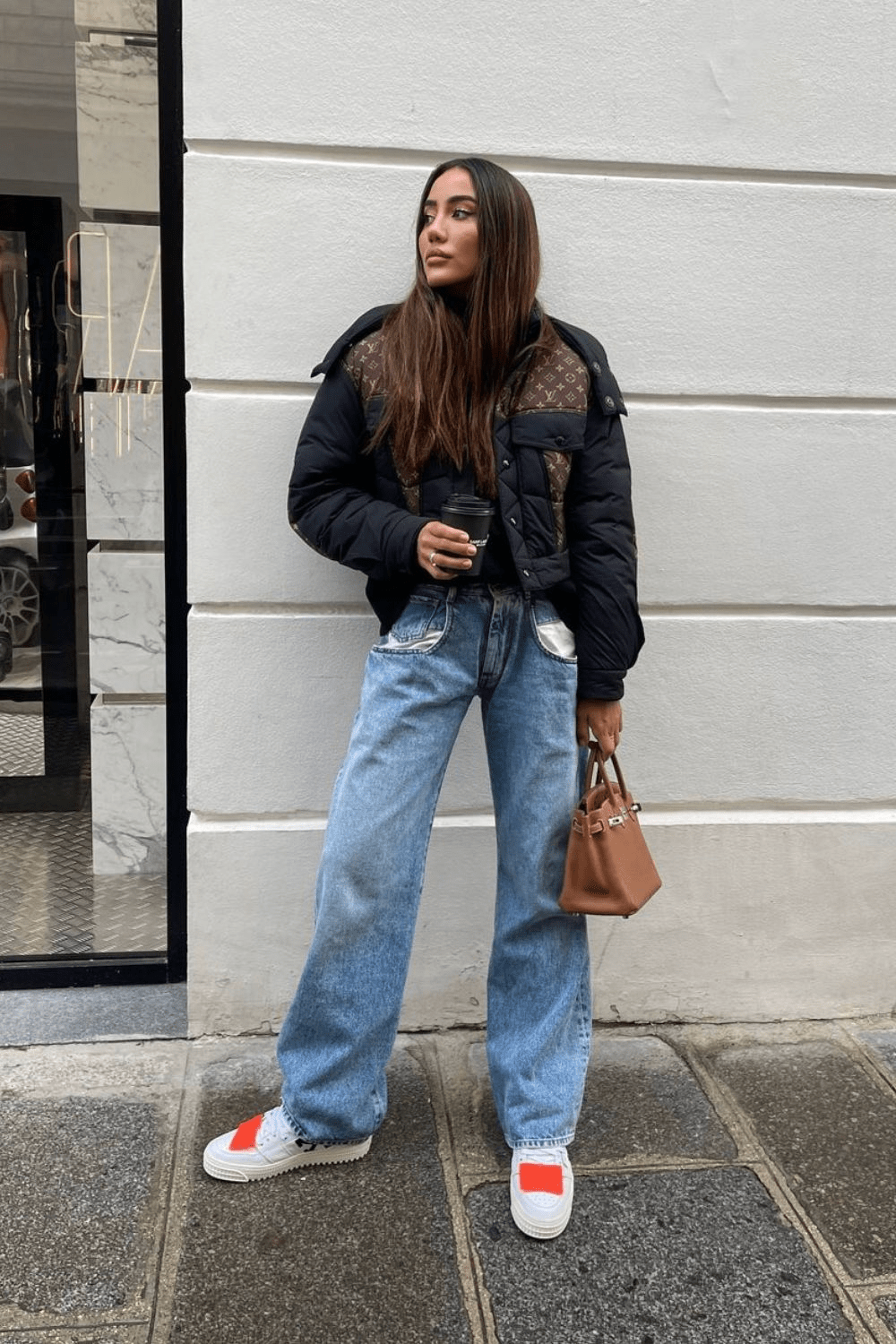 Puffer Jacket and Wide-Leg Jeans