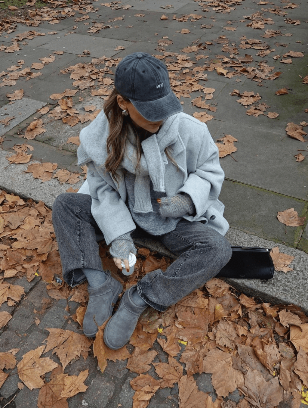  Style grey mini UGG boots with dark grey jeans and a heather grey top, then add a light grey wool jacket.