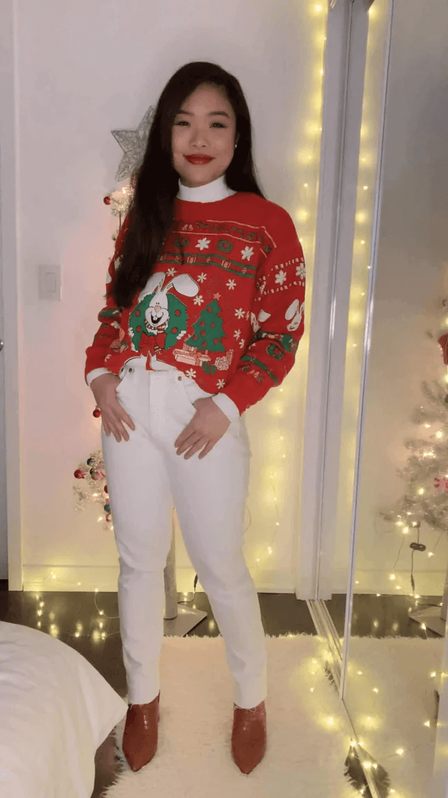 Ugly Christmas Sweater with White Jeans